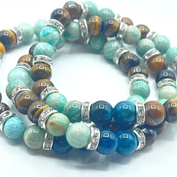 Rhinestone crystal Amazonite beaded stretch bracelet tigers eye apatite ONE NEW - Picture 1 of 8